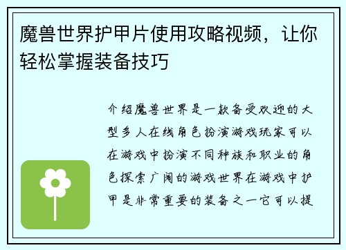 魔兽世界护甲片使用攻略视频，让你轻松掌握装备技巧